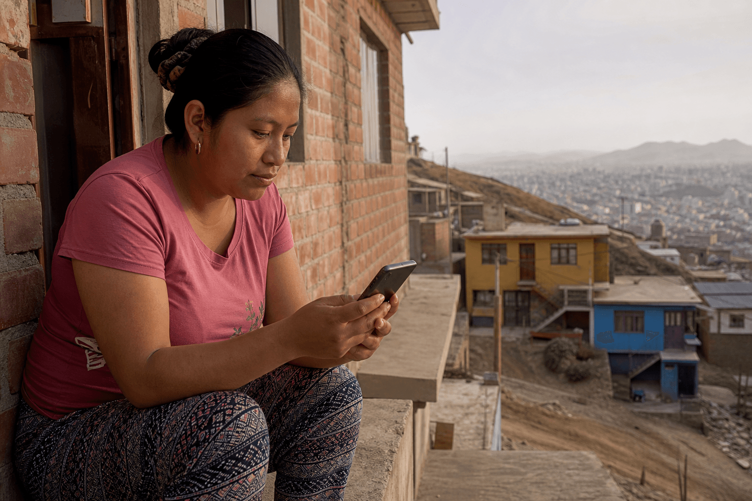 Una mujer escribe en el celular frente a su casa en ladera