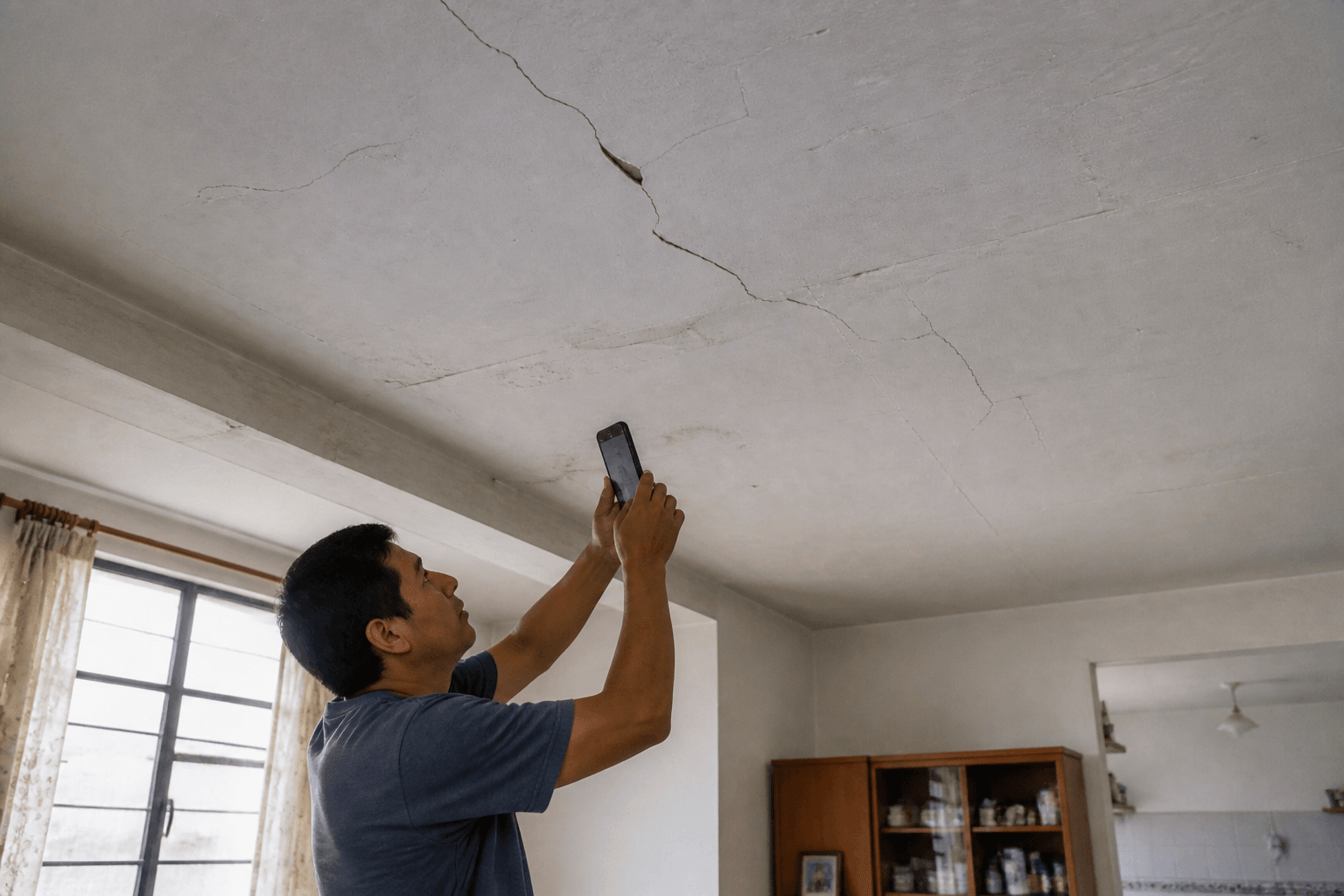 Un hombre fotografía una grieta en el techo de su casa