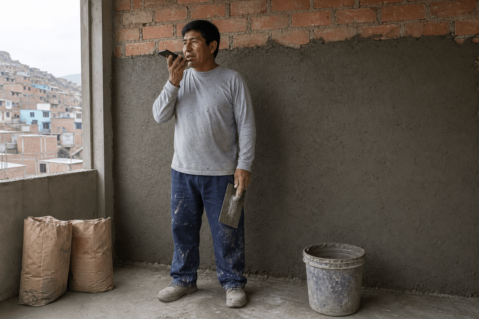 Un hombre envía un audio junto a una pared a medio tarrajear
